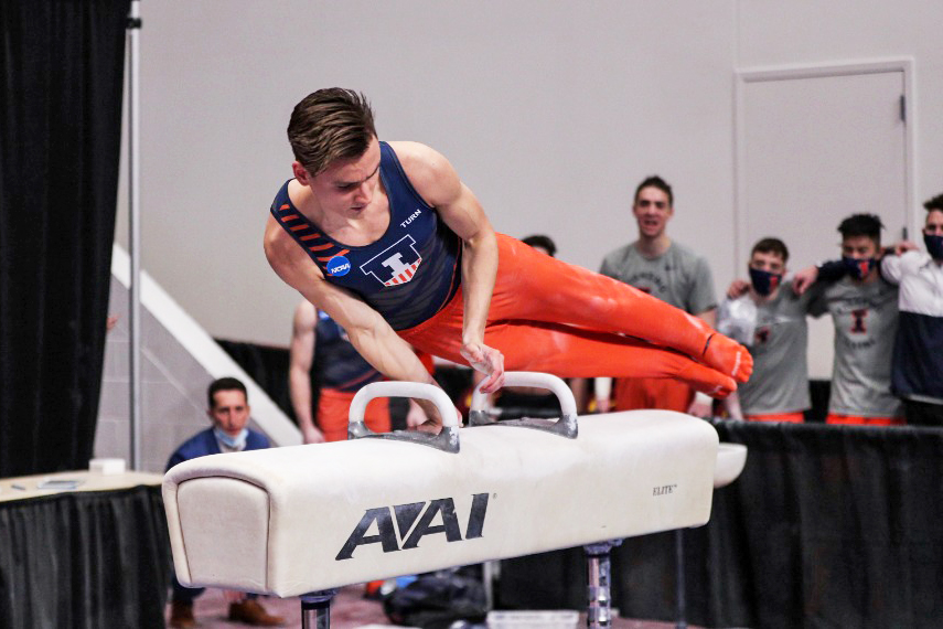 Junior+Ian+Skirkey+performs+on+a+pommel+horse+at+the+NCAA+Championships+Saturday.+Skirky+won+the+NCAA+pommel+horse+championship%2C+which+is+the+first+in+his+career.%0A