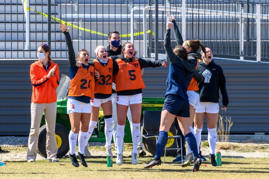 Fighting Illini Athletics
Members of the Illinois women’s soccer team celebrate after their teammate scores a goal during the game against Ohio State March 21. The team finished the regular season with a 6-4-1 record.