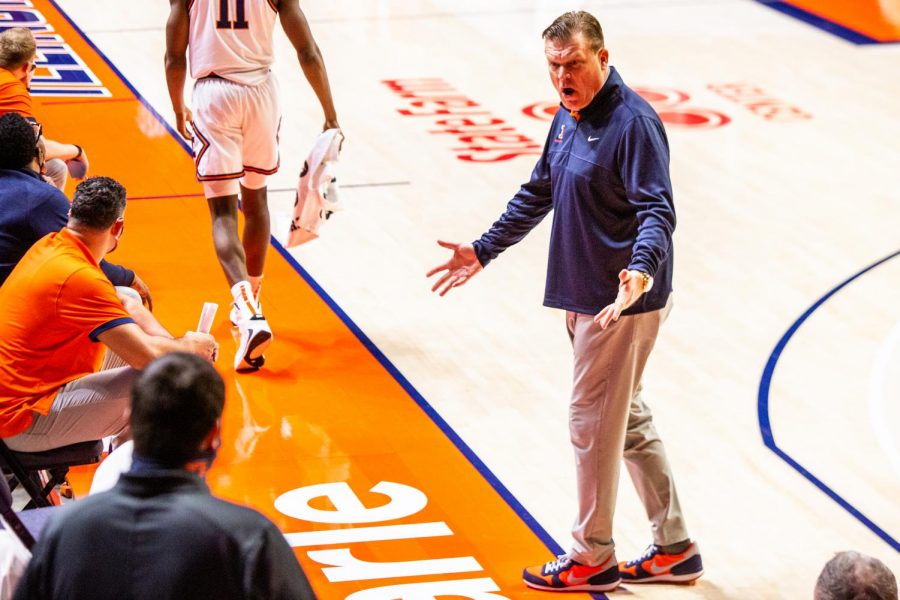 Head men’s basketball coach Brad Underwood yells at his team during a game against Wisconsin on Feb. 6.