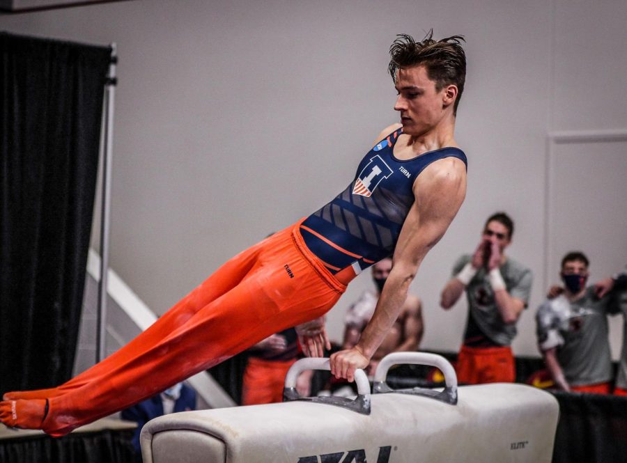 Junior+Ian+Skirkey+performs+on+pommel+horse+at+the+NCAA+Championships+Saturday.+Skirkey+won+his+first+career+national+pommel+horse+title+with+a+14.166.