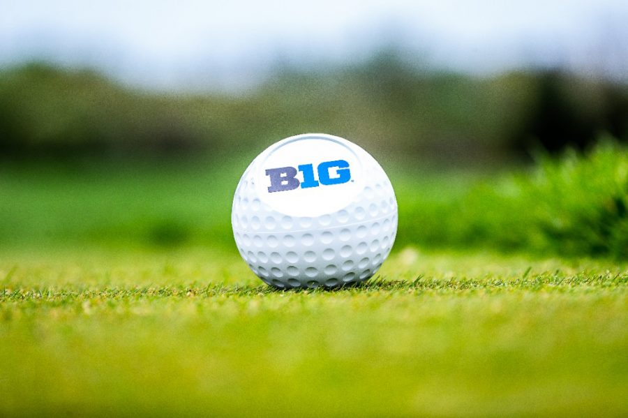 A Big Ten golf ball sits on a green at the Crooked Stick Golf Club in Carmel, Indiana Sunday.