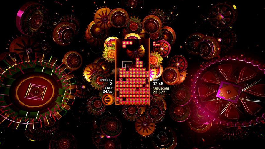 A screenshot of the video game Tetris Effect is shown above. The game came out in July 2020.