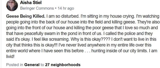 Aisha Stiel complains on the Nextdoor app about the unjust killing of geese in her backyard. 