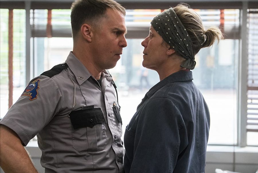 Frances McDormand and Sam Rockwell stare face to face in "Three Billboards Outside Ebbing". The film was released on Nov. 10, 2017.