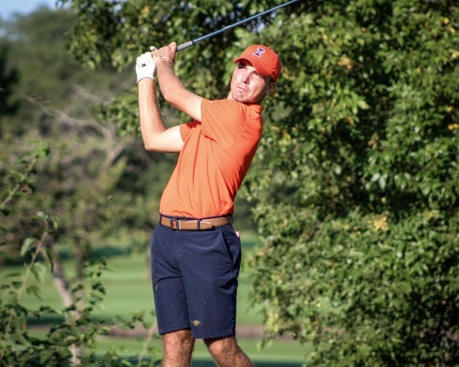 Sophomore+Piercen+Hunt+follows+through+on+his+swing+after+hitting+the+ball+at+the+15th+annual+OFCC%2FFighting+Illini+Invitational+on+Sunday.+The+team+finished+in+11th+with+a+debut+from+freshman+Dylan+Keating+and+TJ+Barger.