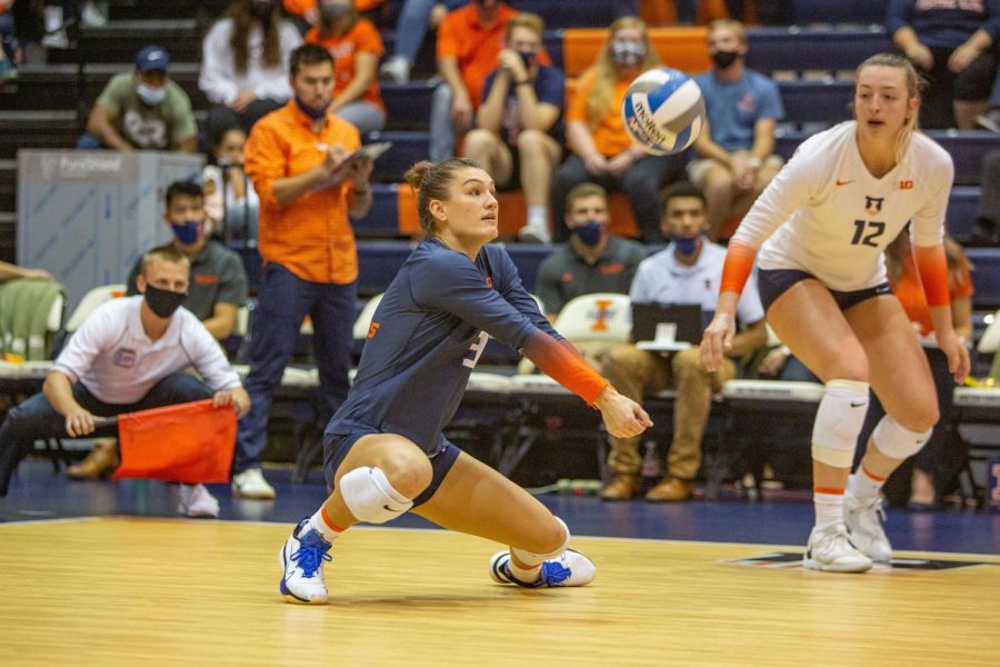 Defensive specialist Taylor Kuper prepares to bump the ball during the match against Purdue Oct. 6. Illinois will travel to the east coast to take on both Rutgers and No. 13 Penn State this weekend.