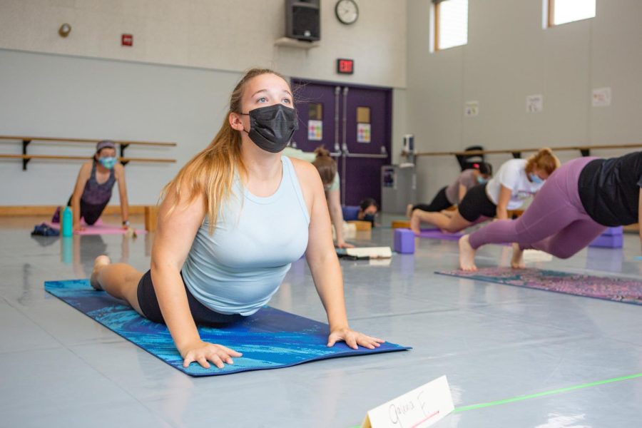 A student performs a cobra pose during the Yoga Practicum class on Monday morning. Yoga practice raises concerns for cultural appropriation.  