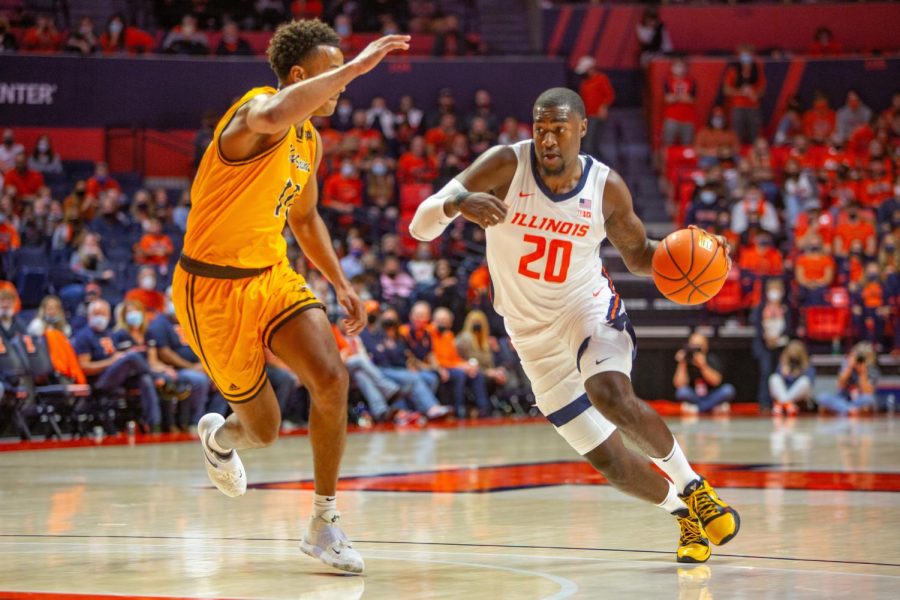 Illinois guard DaMonte Williams drives to the basket during the teams game against St. Francis (Ill.) at State Farm Center on Saturday. The Illini won the game in dominant fashion, 101-34.