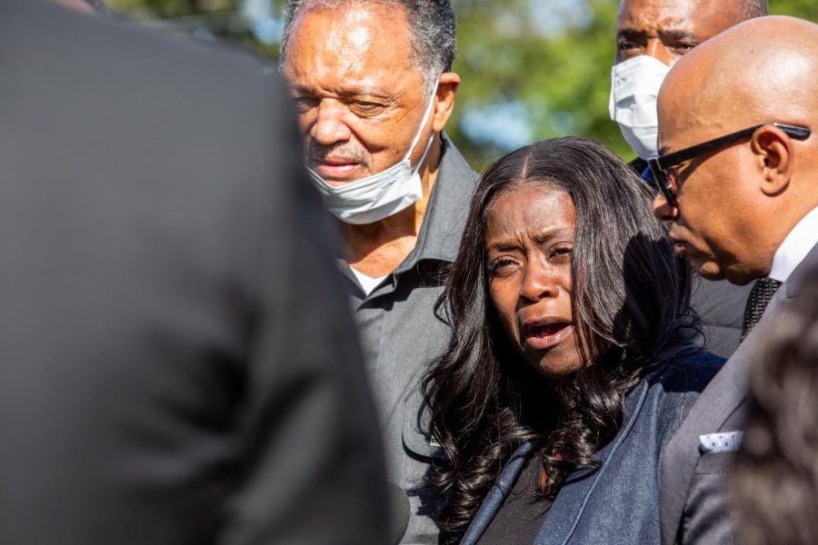 Carmen Bolden Day, speaks with reporters immediately after burying her son, Jelani Day, at his funeral service on Oct. 19. Day’s relatives, Rev. Jesse Jackson and the Rainbow PUSH organization call on the Federal Bureau of Investigation and President Joseph Biden to conduct a thorough investigation on the circumstances of his death.