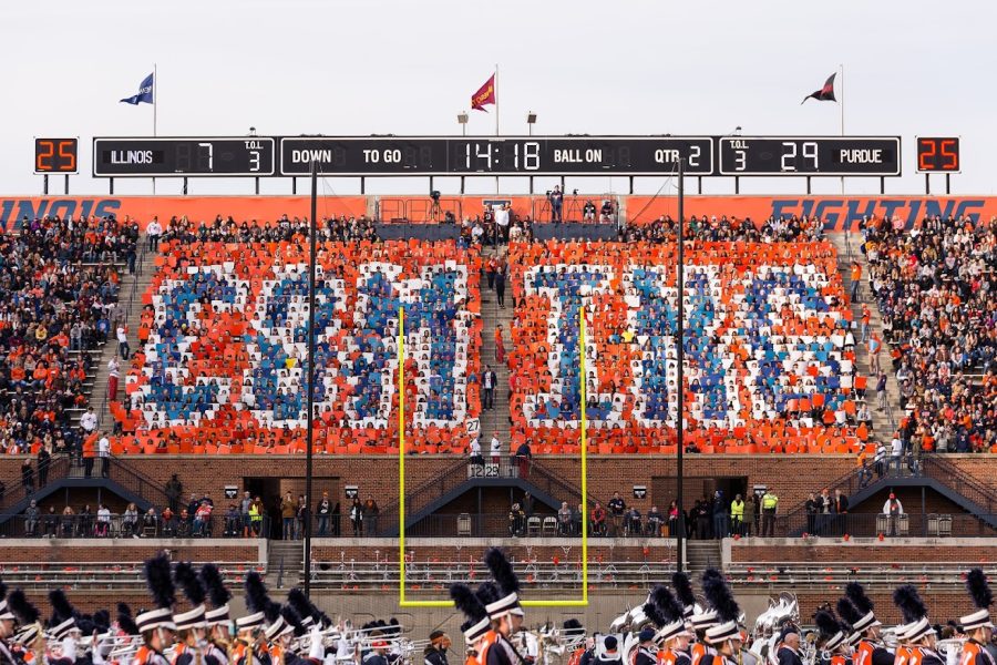 The+Block+I+student+section+holds+up+cards+spelling+coming+in+Homecoming+during+halftime+of+the+game+against+Purdue+at+Memorial+Stadium+on+Saturday%2C+Oct.+13%2C+2018.+Homecoming+is+a+great+time+to+get+involved+on+campus.