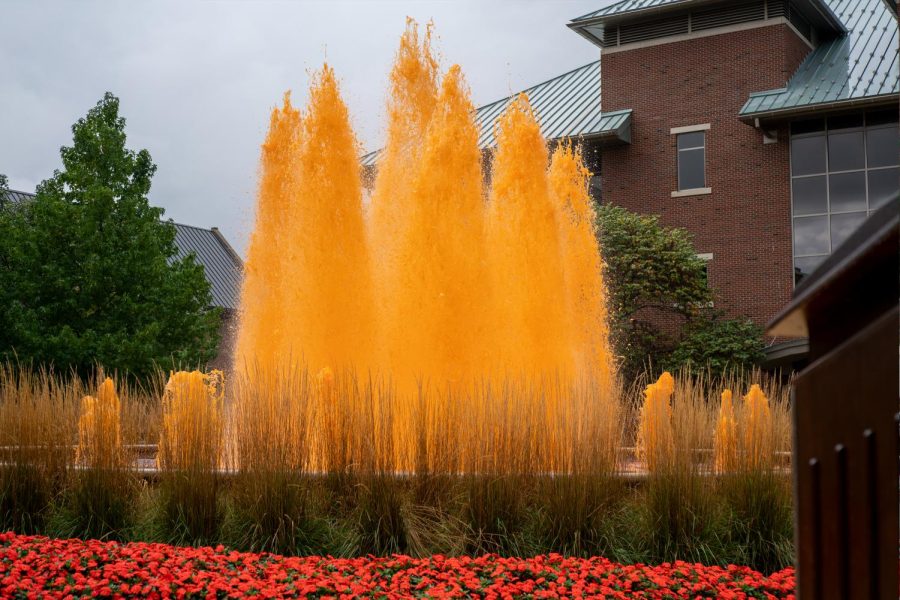 The+Alice+Campbell+fountain+is+dyed+orange+to+kickoff+homecoming+week+on+Sunday.+This+years+homecoming+will+be+a+hybrid+of+in-person+and+online+giving+those+who+can+not+make+it+in-person+a+chance+to+participate.+