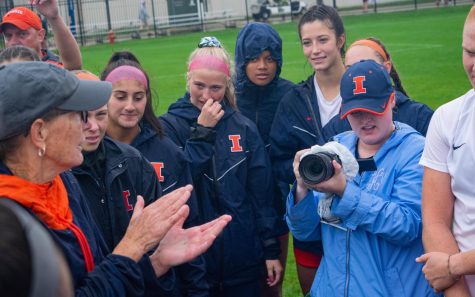 Illinois soccer head coach Janet Rayfield speaks to her team during the game against Maryland Oct. 3. The team looks past their recent losses in hopes of performing better during their last two games of the season. 