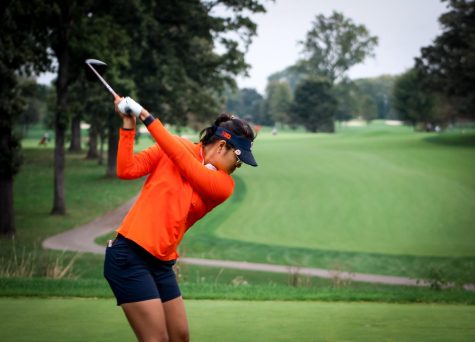Senior Crystal Wang swings her club during the Illini Invitational at the Medinah Country Club. The Illini finished sixth.