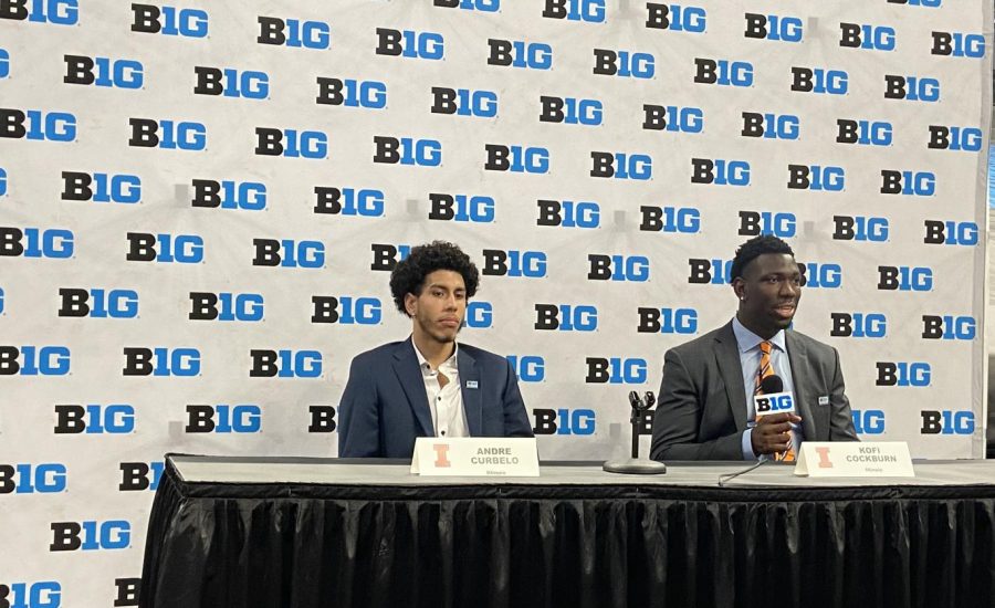 Andre+Curbelo+and+Kofi+Cockburn+field+questions+during+Big+Ten+Basketball+Media+Days+at+Gainbridge+Fieldhouse+in+Indianapolis+on+Thursday.+Curbelo+will+take+on+a+bigger+role+for+Illinois+this+season.