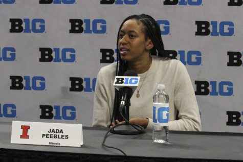 Junior Jada Peebles speaks during Big Ten Basketball Media Days at Gainbridge Fieldhouse in Indianapolis on Thursday. Despite significant roster and coaching changes this season, the Illini are not concerned with any issues relating to identity or culture.