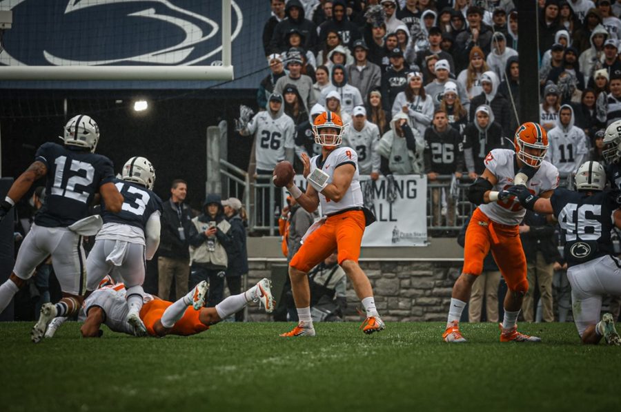 Quarterback Artur Sitkowski begins to throw the ball during the game against Penn State Saturday. Quarterback Brandon Peters is likely to replace Sitkowski after his season-ending injury.