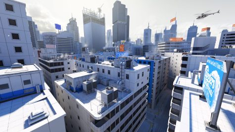 A screenshot of one of the maps from the first-person adventure video Mirrors Edge. This 2000s parkour based game has a simple and futuristic style.
