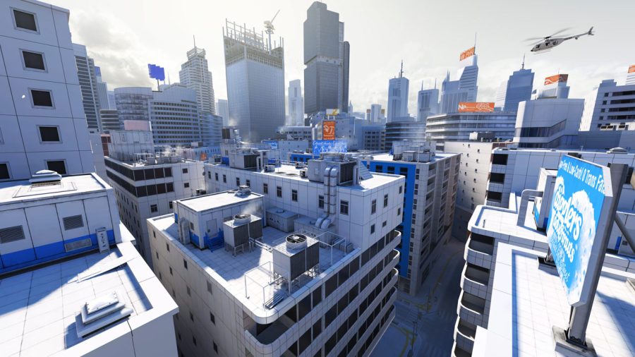 A+screenshot+of+one+of+the+maps+from+the+first-person+adventure+video+Mirrors+Edge.+This+2000s+parkour+based+game+has+a+simple+and+futuristic+style.