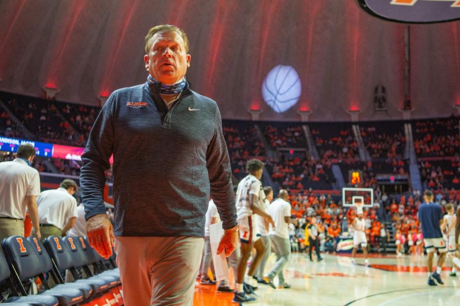 Illinois head coach Brad Underwood walks down the court during the teams game against St. Francis (Ill.) on Oct. 23. The Illini will be missing several key players against the Notre Dame Fighting Irish on Monday night.