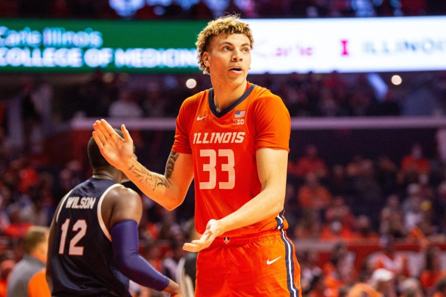 Coleman Hawkins celebrates during the Illinois game against Jackson State on Tuesday. The No. 11 Illini beat the Arkansas State Red Wolves at State Farm Center on Friday night. 