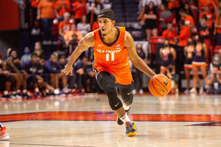 Alfonso Plummer dribbles during Illinois game against Jackson State on Nov. 9. Plummer scored 21 points on seven triples in the Illinis 72-64 win over the Kansas State Wildcats on Tuesday night.