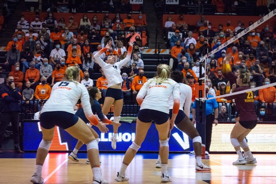 Junior outside hitter Jessica Nunge goes up for a kill against Minnesota on Nov. 6. The No. 25 Illini took down the Indiana Hoosiers, 3-0, on Friday night at Huff Hall.