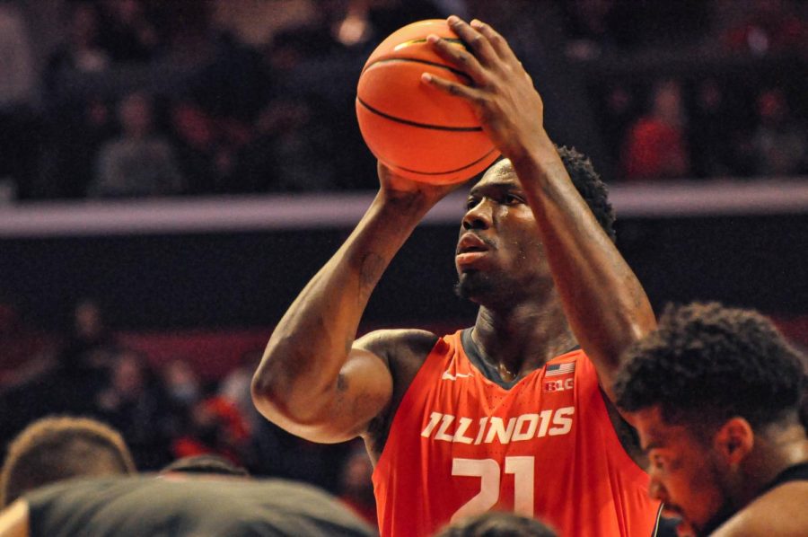 Kofi Cockburn shoots the ball during Illinois mens basketballs game against Arkansas State on Oct. 29. The Illini beat the Kansas State Wildcats in the third-place game of the Hall of Fame Classic on Tuesday night.