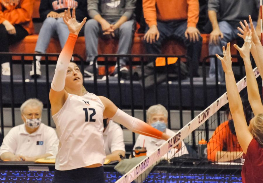 Illinois+sophomore+outside+hitter+Raina+Terry+hits+the+ball+during+the+teams+match+against+Nebraska+on+Thursday+night+at+Huff+Hall.+Terry+registered+a+match-high+12+kills+in+the+Illinis+3-0+loss+to+the+No.+9+Cornhuskers.