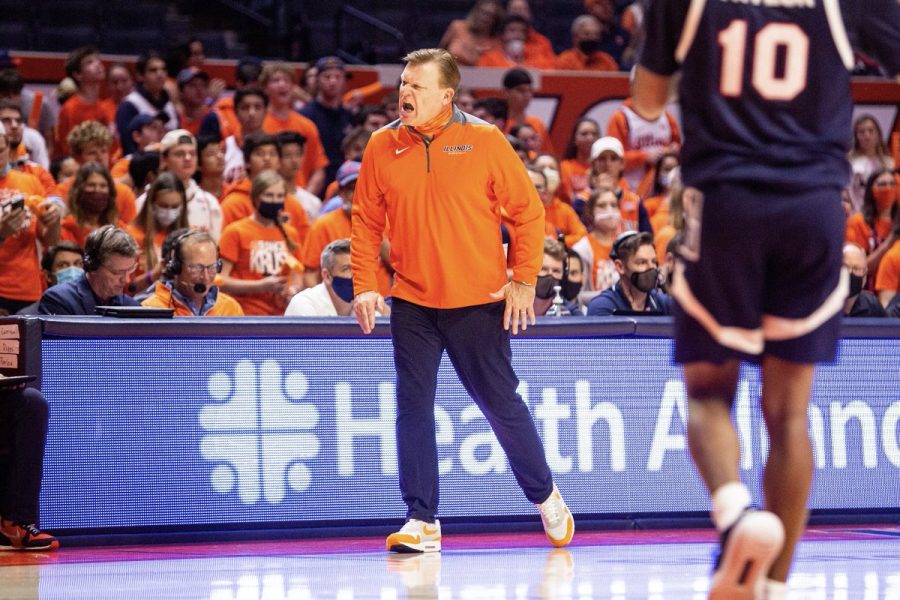 Illinois head coach Brad Underwood yells at his bench during the teams game against Jackson State on Nov. 9. The Illini were out of sorts on offense all night, ultimately falling on the road to Marquette, 67-66.