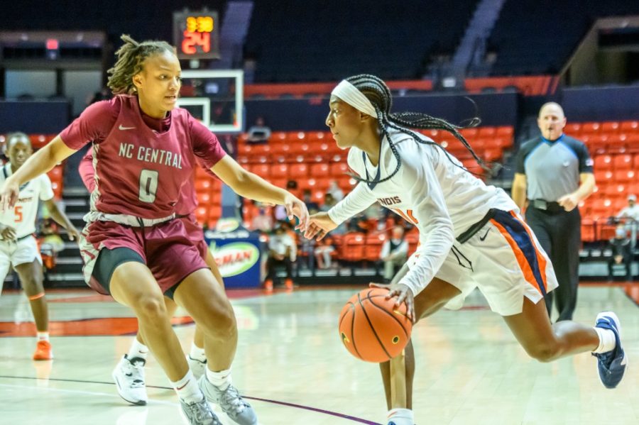 Guard Jayla Oden rushes toward the hoop during the game against North Carolina Central on Nov. 9. The Illini will be up against SIU on Thursday and have high hopes in maintaining their streak. 