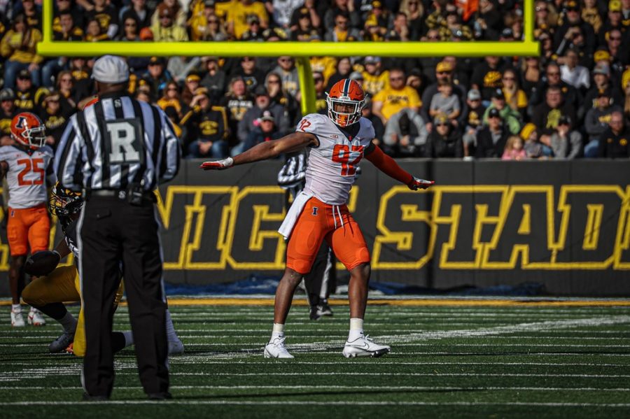 Isaiah Gay celebrates during the Illinois football game against No. 17 Iowa on Saturday at Kinnick Stadium. Isaiah Gay was a big factor on the defensive line in the 33-23 loss.