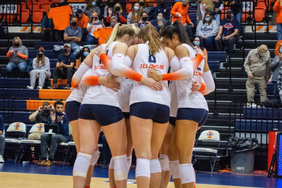 The+Illini+volleyball+team+huddles+together+before+a+set+during+the+match+against+Indiana+on+Nov.+12.+Sports+editor+Jackson+Janes+reviews+the+21+volleyball+season+as+it+officially+came+to+an+end+on+Thursday.