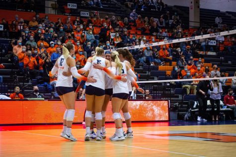 The Illinois volleyball team huddles together during its match against Indiana at Huff Hall on Nov. 12. The Illini fell in the Sweet 16 of the NCAA tournament to the No. 10 Nebraska Cornhuskers on Thursday, ending their season.