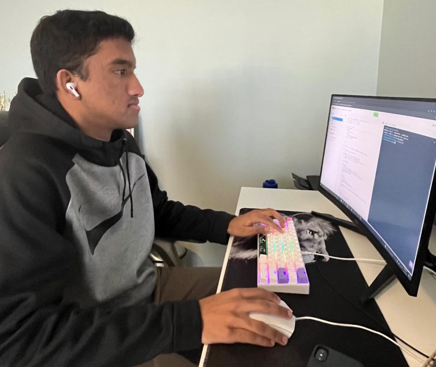 Aryan Nambiar, freshman in Engineering,works on his computer. Nambiar created an app called Tune Track that currently has over two million downloads.