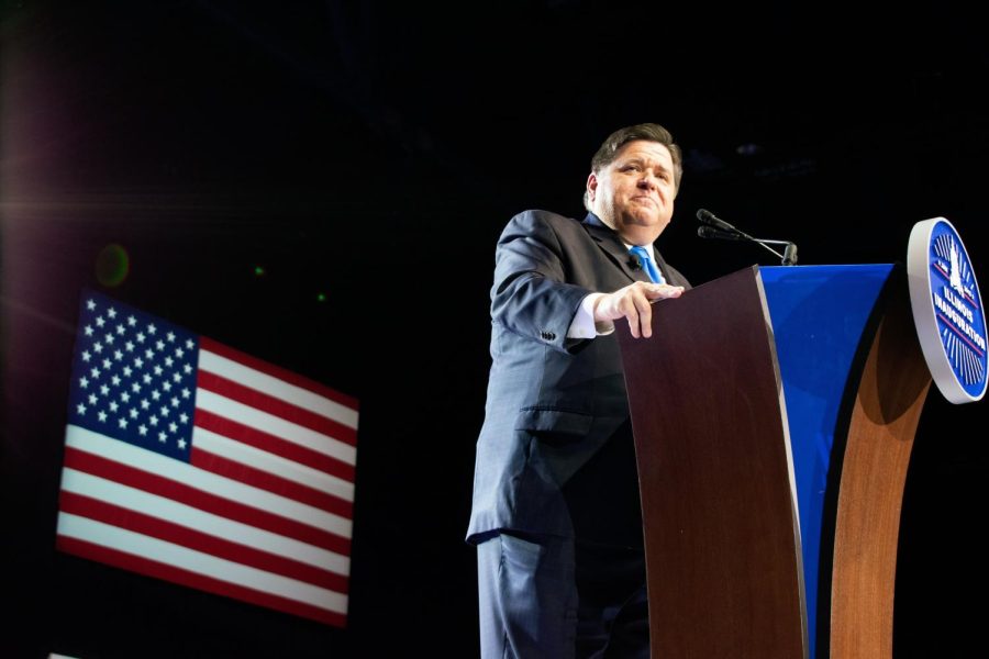 Governor J.B. Pritzker  addresses members of the audience after being sworn into office on Jan. 14, 2019. Pritzker has recently approved a new congressional map that results in changes for the Champaign County. 