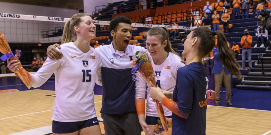 Graduate student Megan Cooney (left) celebrates with fellow athletes on Nov. 21 for senior night before the game against Maryland. Illinois volleyball enters NCAA tournament ready to make noise away from home.