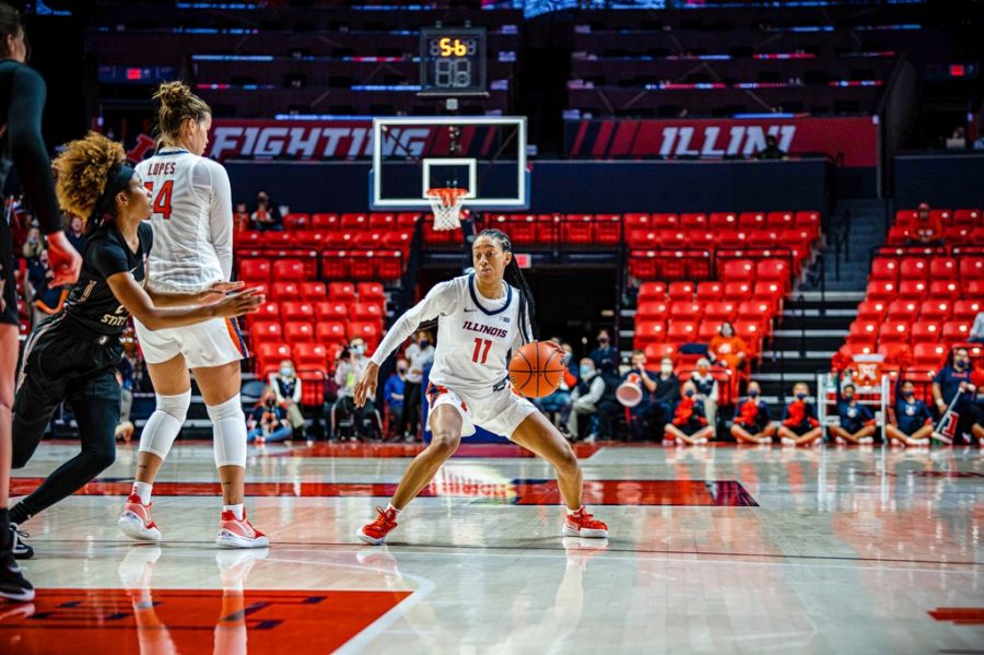 Guard Jada Peebles dribbles the ball by 3-point line during the game against Florida State on Dec. 2. The Illini lose to the Seminoles 58-67. 