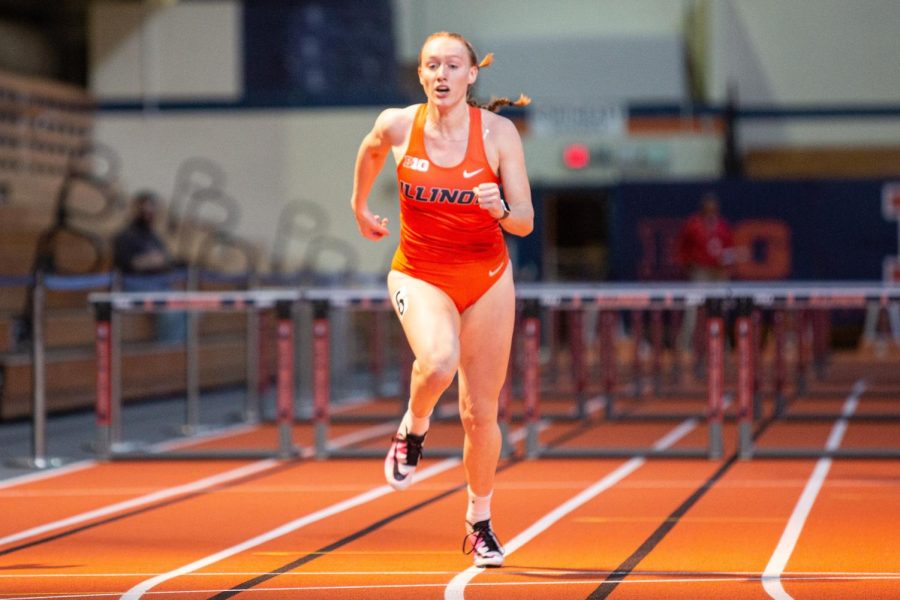 Illinois track and field Kenli Nettles runs during the 60 meter hurdles for the Illini Invitational on Jan. 21. Nettles wins the Pentathlon and overall the Illini places second for the meet.  