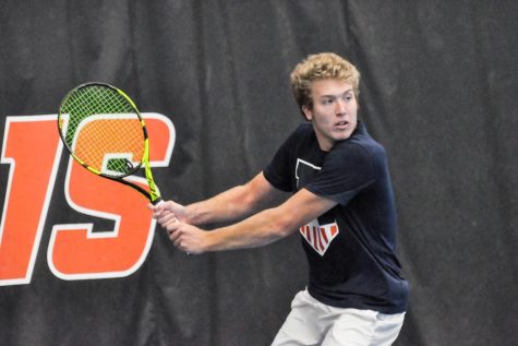 Illinois Men’s Tennis Alex Brown prepares to receive the ball during his singles match against Chicago State on Jan. 22. The team hopes to keep up the success from the past season after key seniors leave. 