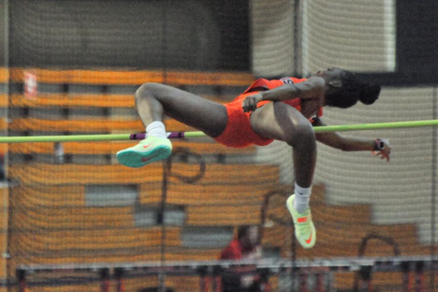 Freshman Illinois track and field Tacoria Humphrey leaps over the bar during high jump at the Illini Invitational on Saturday. The Illini will be on the road this weekend for the Lenny Lyles Invitational. 