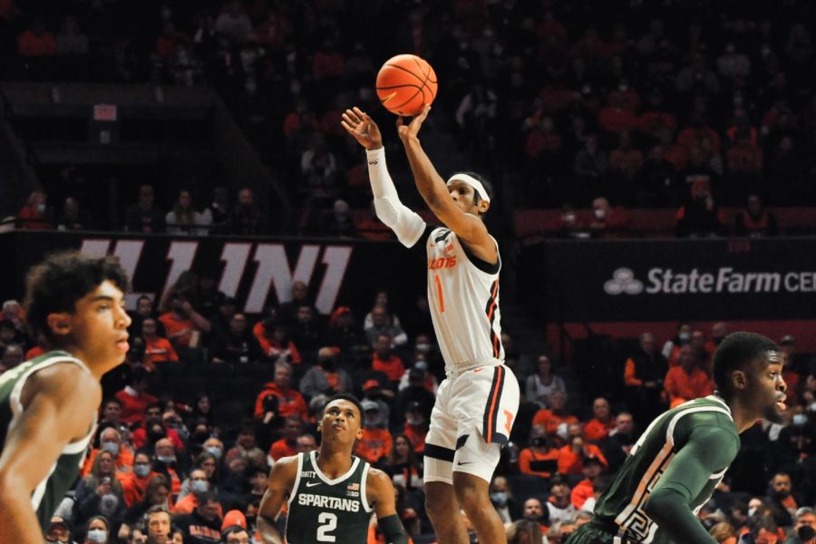 Guard+Trent+Frazier+shoots+a+3+pointer+during+the+game+against+Michigan+State+on+Tuesday.+The+Illini+will+be+going+up+north+against+Northwestern+on+Saturday.+
