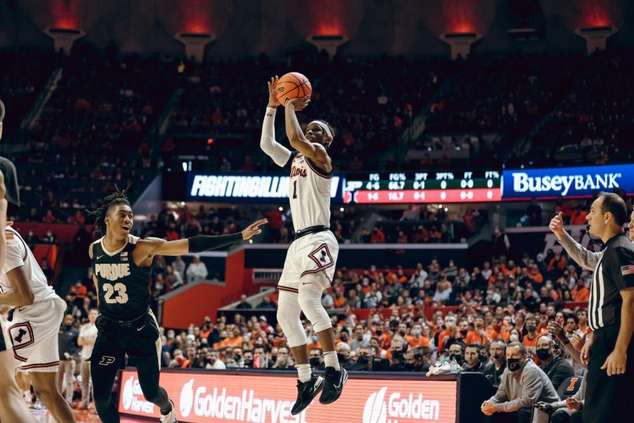Trent Frazier shoots a jumper during the first half of the game between Illinois and Purdue at State Farm Center on Monday afternoon.