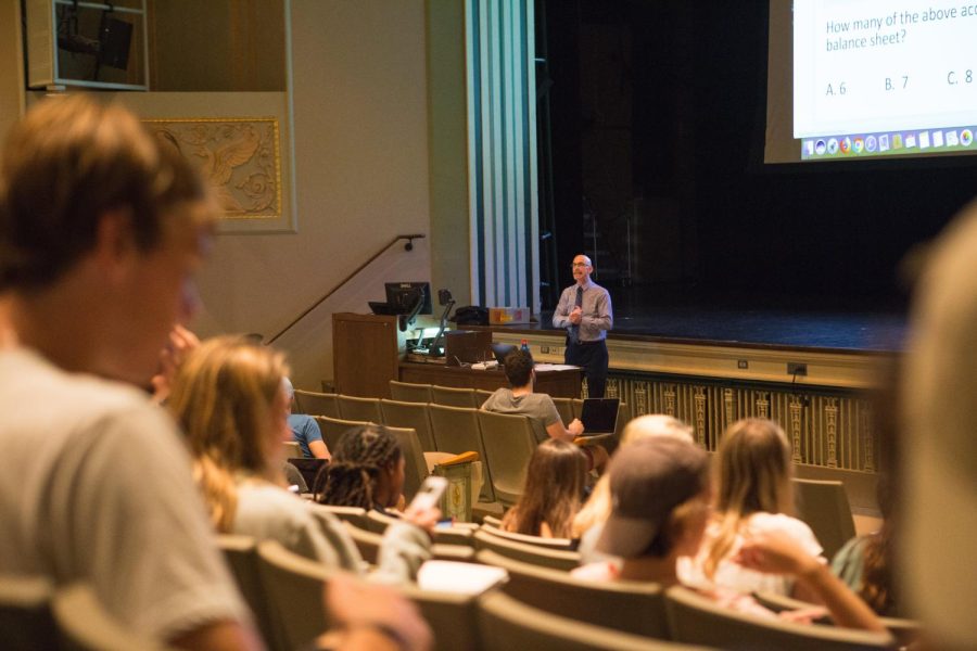 Professor Mitch Fisher lectures to his ACCY 201 class at Lincoln Hall Theater on Aug. 29, 2019. Students talk about how their learning styles are impacted from remote versus in-person learning. 
