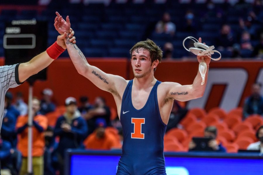 Freshman+wrestler+Lucas+Byrd+celebrates+his+win+during+the+meet+against+Iowa+on+Jan.+16.+The+Illini+will+be+hosting+for+Northwestern+on+Saturday.+