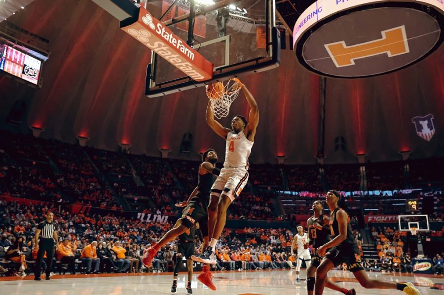 Omar+Payne+dunks+the+basketball+during+Illinois+game+against+Maryland+at+State+Farm+Center+on+Jan.+6.+Payne+will+likely+play+more+minutes+for+the+Illini+on+Friday+after+Kofi+Cockburn+was+ruled+out+after+entering+concussion+protocol.