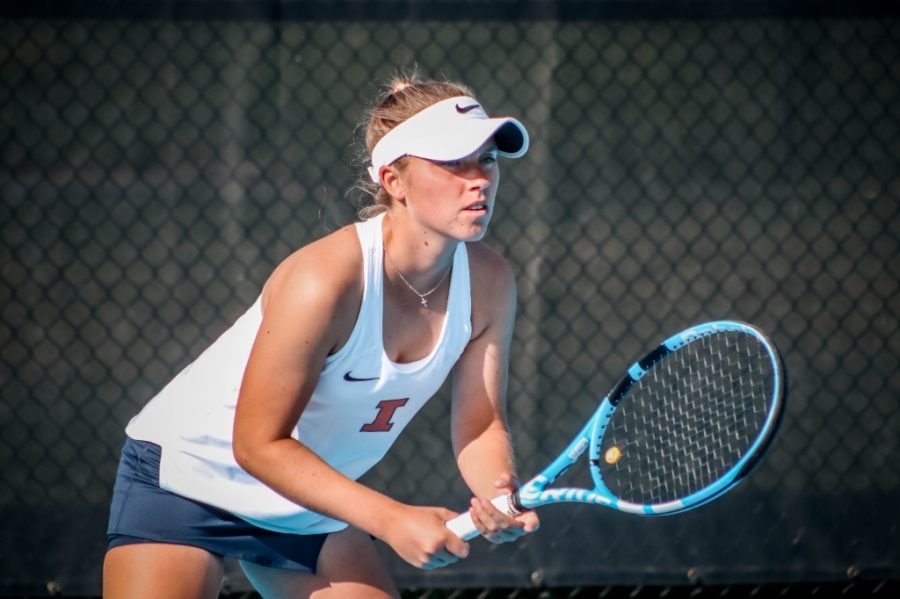 Illinois Womens Tennis Kasia Treiber waits for their opponent to serve during the ITA Midwest Regional on Sept. 24. The Illini have their first win of the season against BYU 5-2. 
