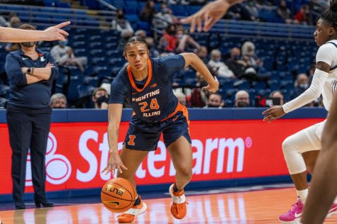 Guard Adalia McKenzie dribbles towards the hoop during the Penn State game on Jan. 16. The Illini will be back home and will be up against Purdue on Thursday. 