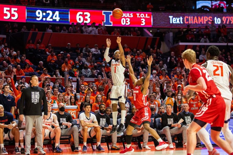 Senior guard Trent Frazier shoots during the second half of Illinois 80-67 win over Wisconsin on Wednesday at State Farm Center.
