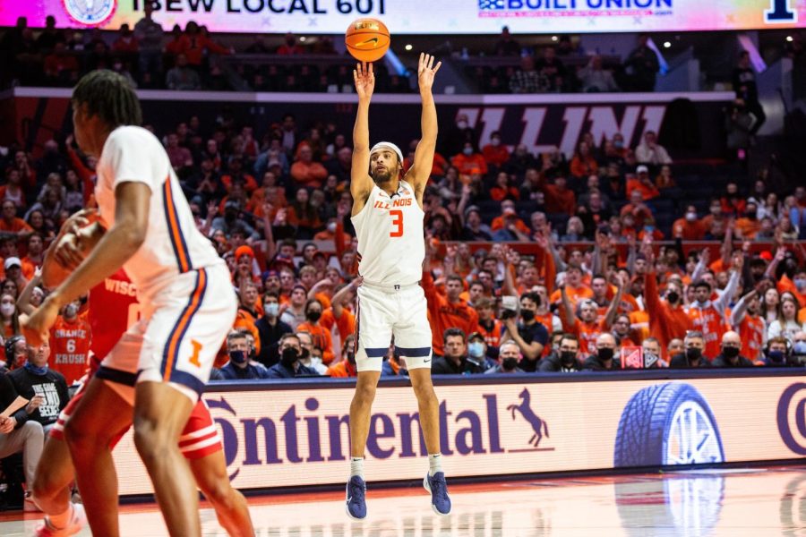 Graduate student forward Jacob Grandison takes a shot during the second half of Illinois 80-67 win over Wisconsin at State Farm Center on Feb. 2. The No. 13 Illini head to Mackey Arena in West Lafayette to take on the No. 3 Purdue Boilermakers on Tuesday night.