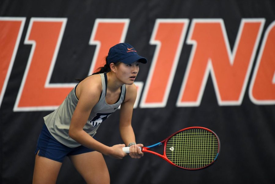 Junior+Ashley+Yeah+prepares+to+receive+the+ball+during+her+match+against+Missouri+on+Feb.+13.+The+Illini+won+against+Cornell+4-2+with+Yeah+winning+two+of+her+three+sets+for+singles.+